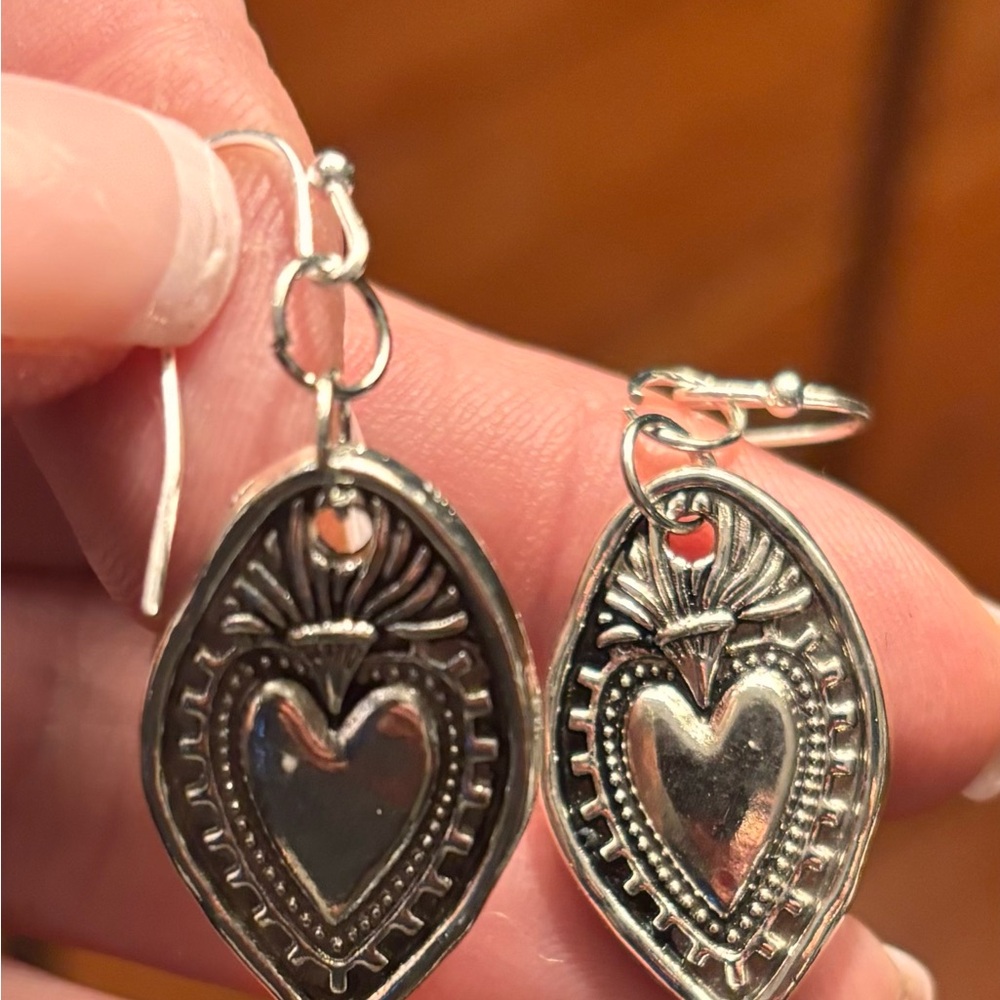 Silver tone flaming Heart Dangle Milagros Earrings Handmade